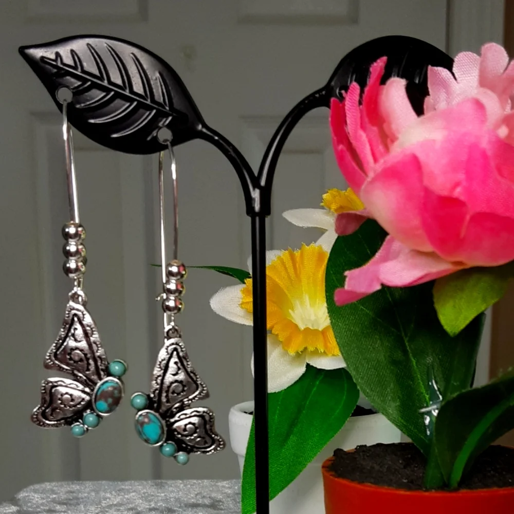 Handmade Butterfly Earrings Turquoise And Silvertone - Picture 3 of 6